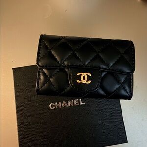 New with box Black Quilted Leather Mini Wallet with Gold CC
